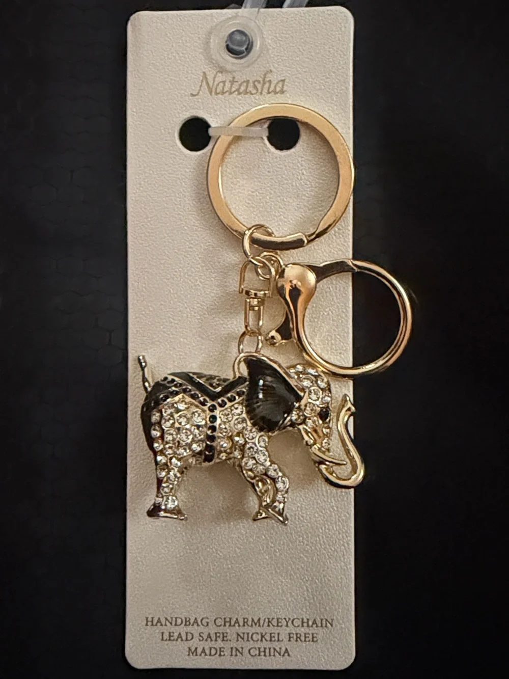 Natasha Couture Gold Tone and Black Jeweled Elephant Keychain